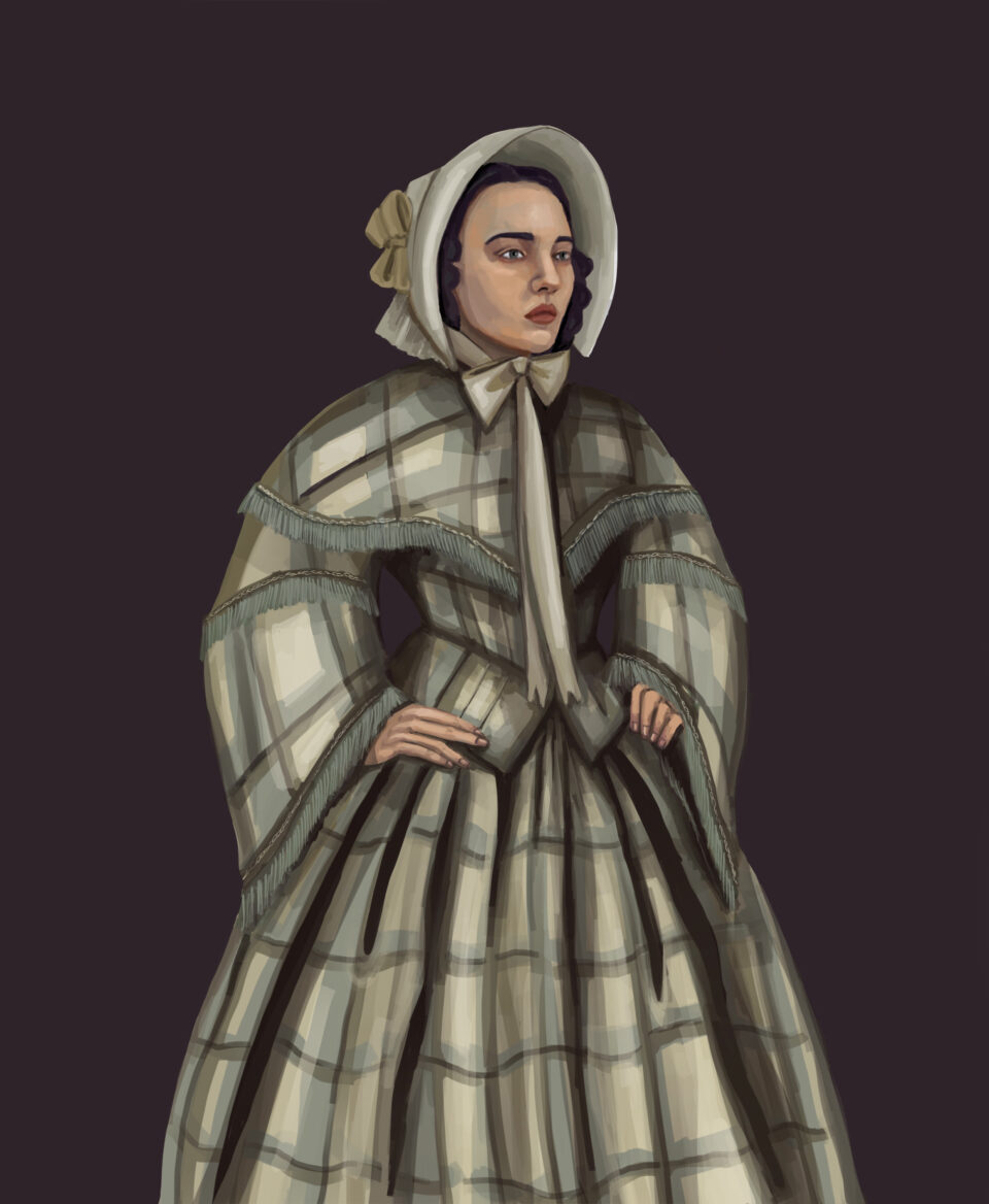 1850s Victorian dress and hairstyle, costume illustration