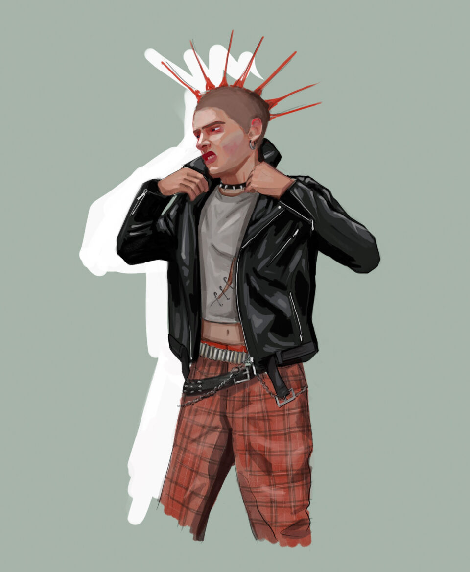 1970s punk menswear, costume illustration