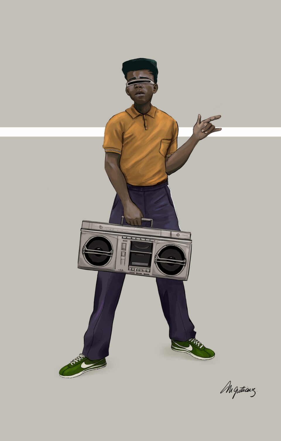 1980s kid and music, costume illustration