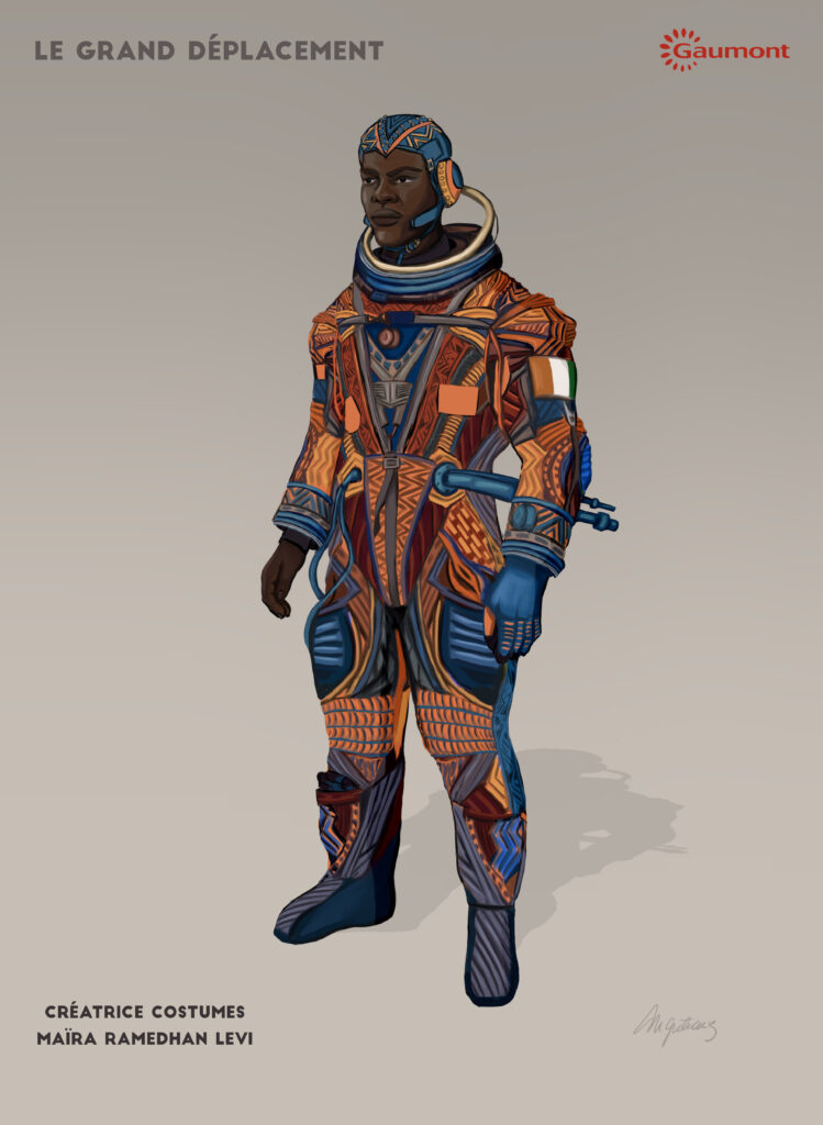 Costume illustration of an astronaut in a spacesuit with blue and orange geometric patterns and a fitted cap with headset
