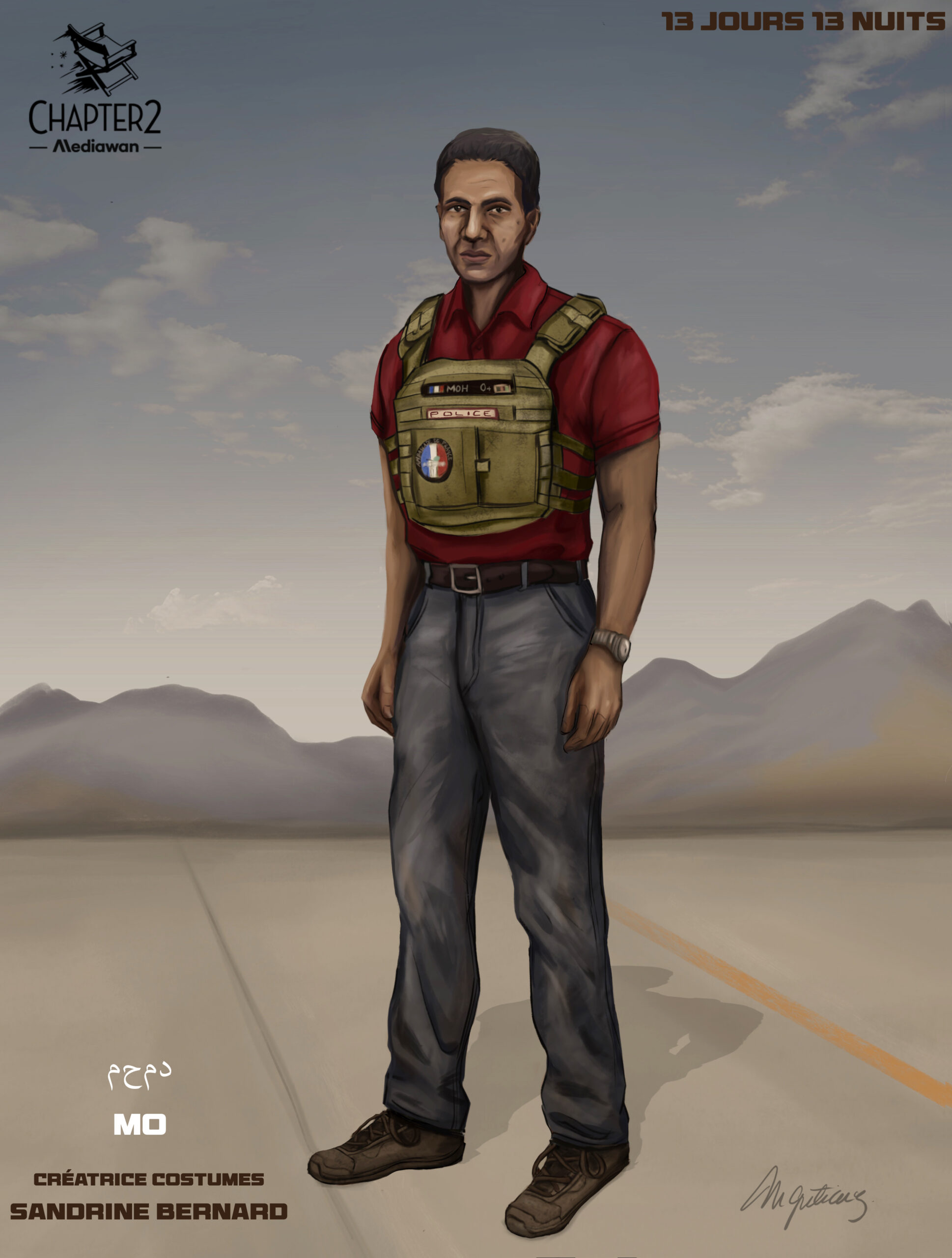 Costume illustration of Mo: a man in a red polo shirt, a tactical vest with a French flag patch and dark trousers, in a mountain landscape