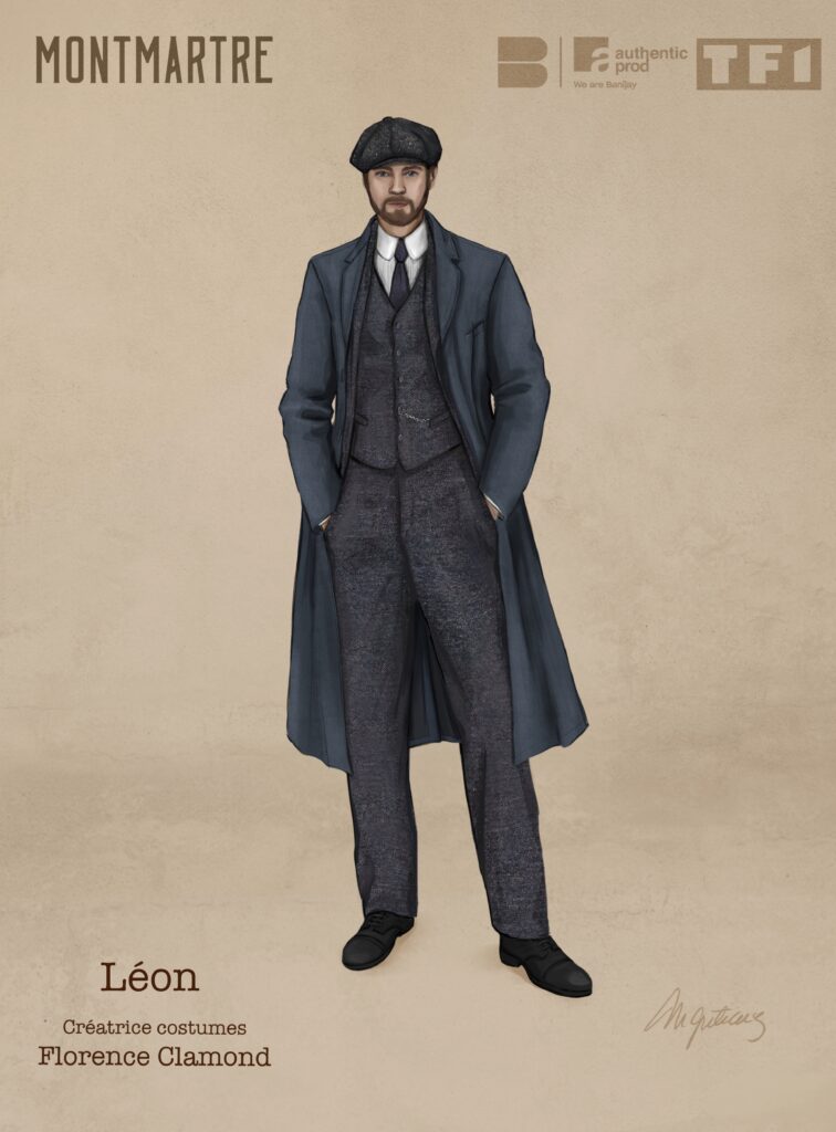 Costume illustration of Léon: a bearded man in a flat cap, a dark blue overcoat and a waistcoat suit