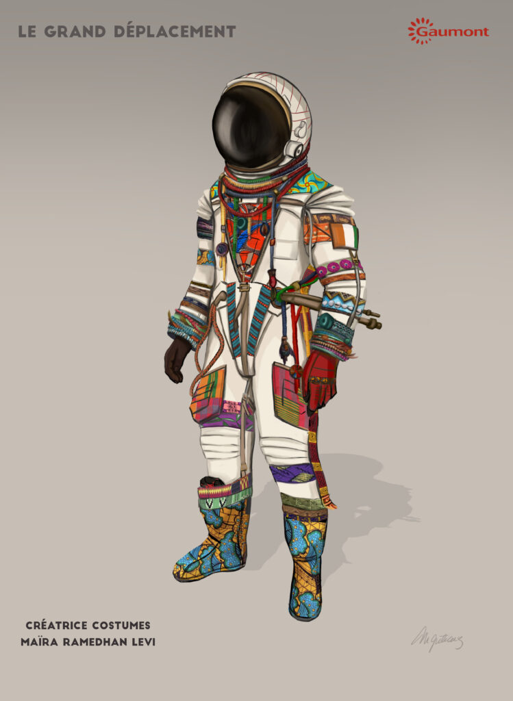 Costume illustration of an astronaut in a white spacesuit with a colourful patchwork of printed fabrics and a black visor helmet