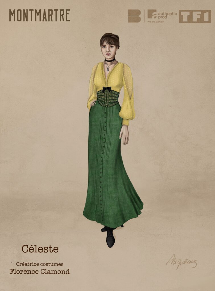 Costume illustration of Céleste: a young woman in a yellow blouse with a black bow and a long green skirt