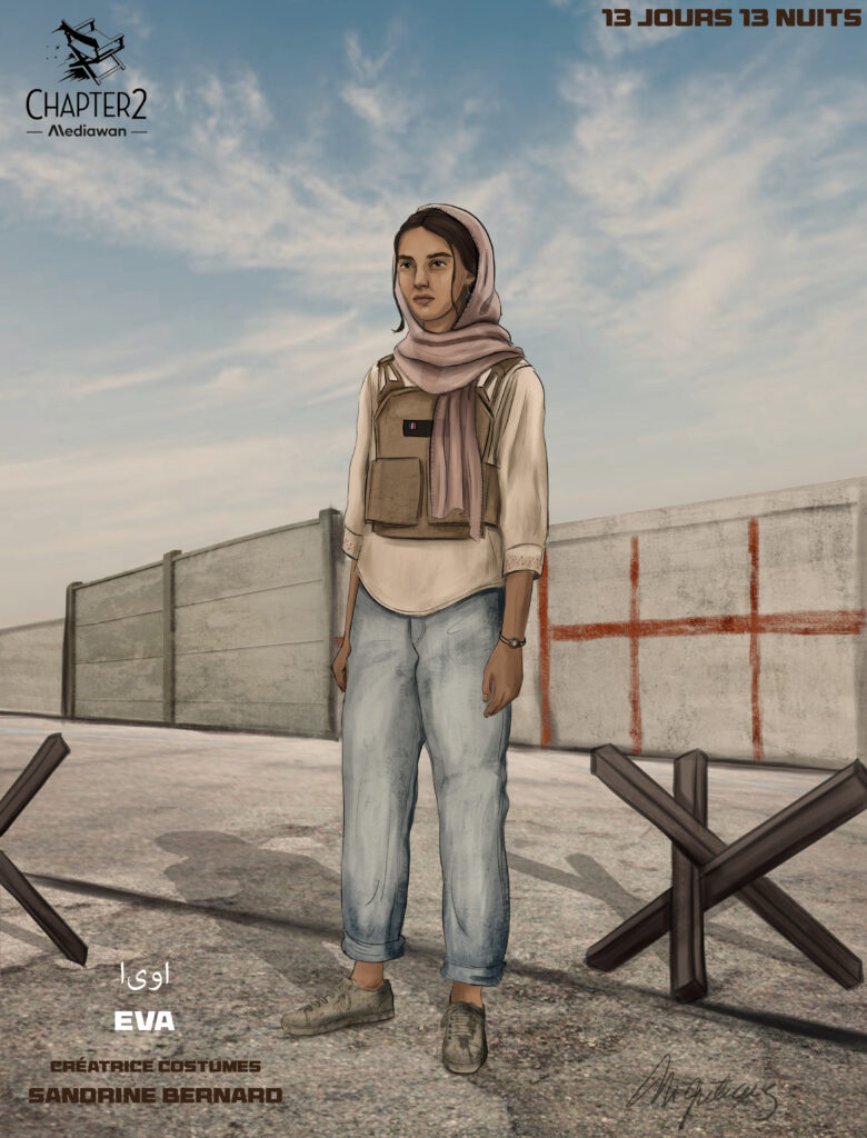 Costume illustration of Eva: a young woman in a pink headscarf, a pale blouse, a tactical vest and light jeans, in front of a concrete wall