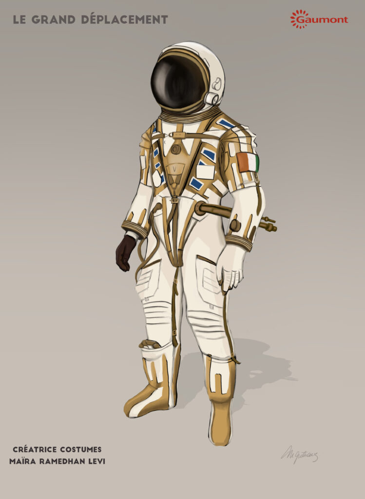 Costume illustration of an astronaut in a cream spacesuit with gold and coloured geometric details and a black visor helmet