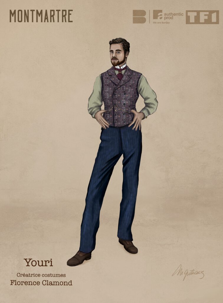 Costume illustration of Youri: a man in a patterned waistcoat, striped shirt and navy trousers, hands on hips