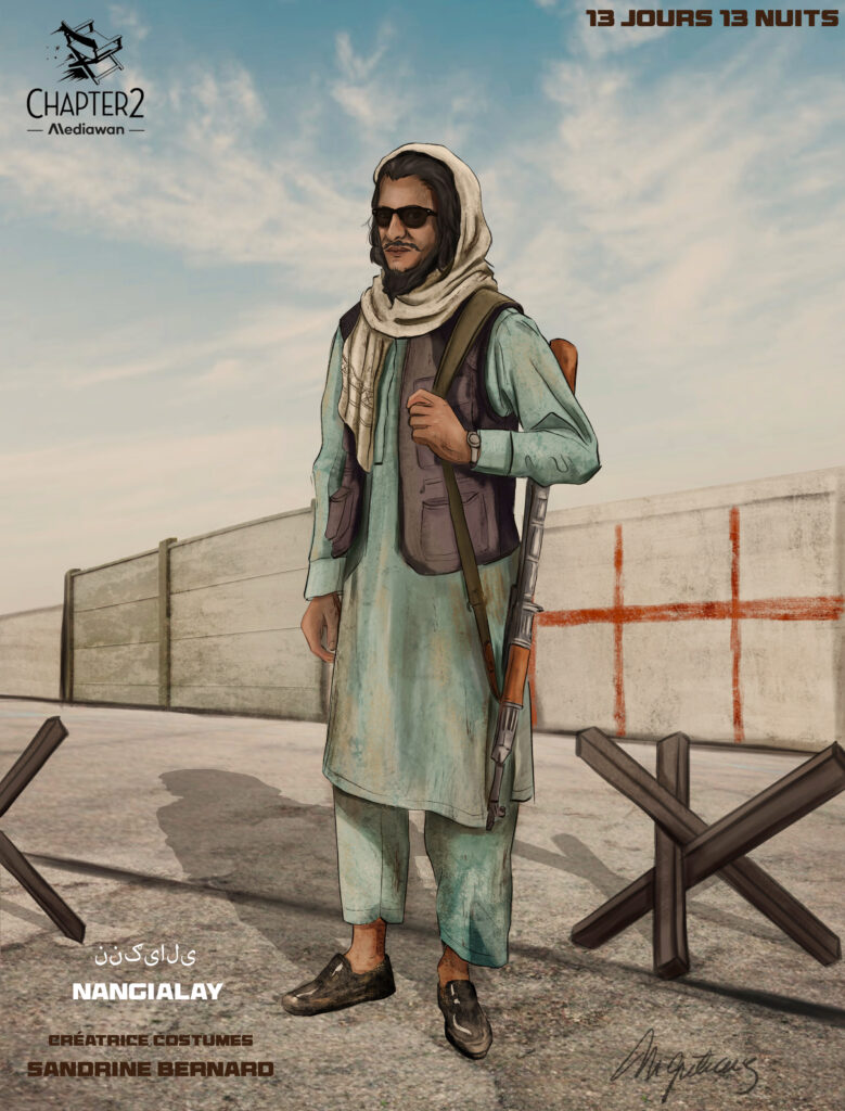 Costume illustration of Nangialay: a man in sunglasses, a white headscarf, a pale green tunic and trousers and a dark waistcoat, with a rifle on his back