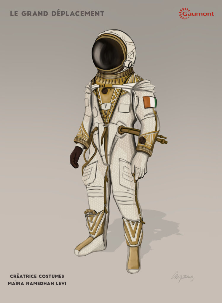 Costume illustration of an astronaut in a white and gold spacesuit with a flag patch on the sleeve and a black visor helmet
