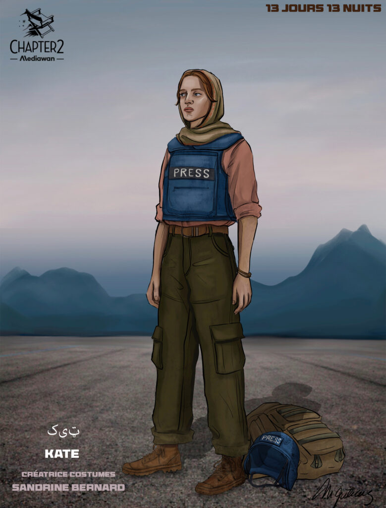 Costume illustration of Kate: a young woman in a headscarf, a blue vest marked PRESS and green cargo trousers, with a rucksack and helmet at her feet