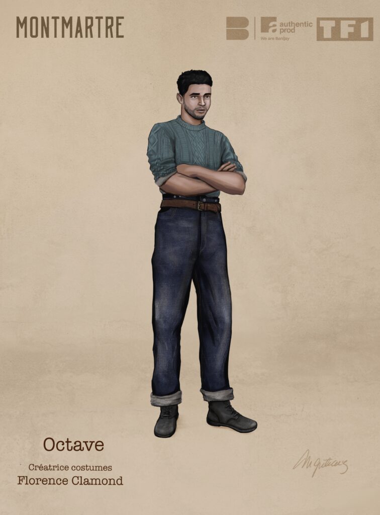 Costume illustration of Octave: a man in a teal knit jumper with rolled sleeves, leather belt and dark jeans, arms crossed