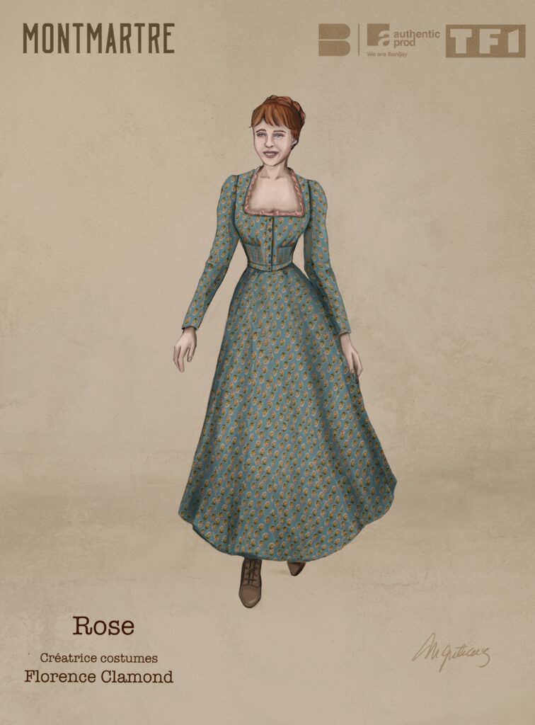Costume illustration of Rose: a young woman with red hair in a long blue-green patterned dress