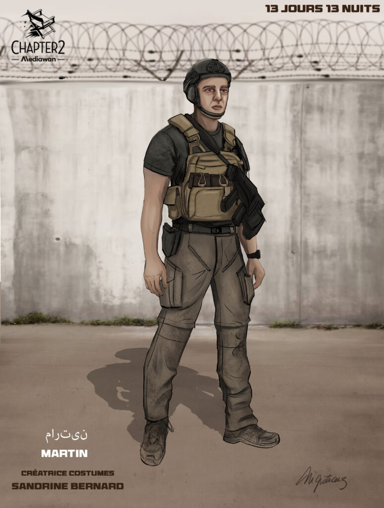 Costume illustration of Martin: a man in a helmet, a dark T-shirt, a tactical vest and grey cargo trousers, in front of a wall topped with barbed wire