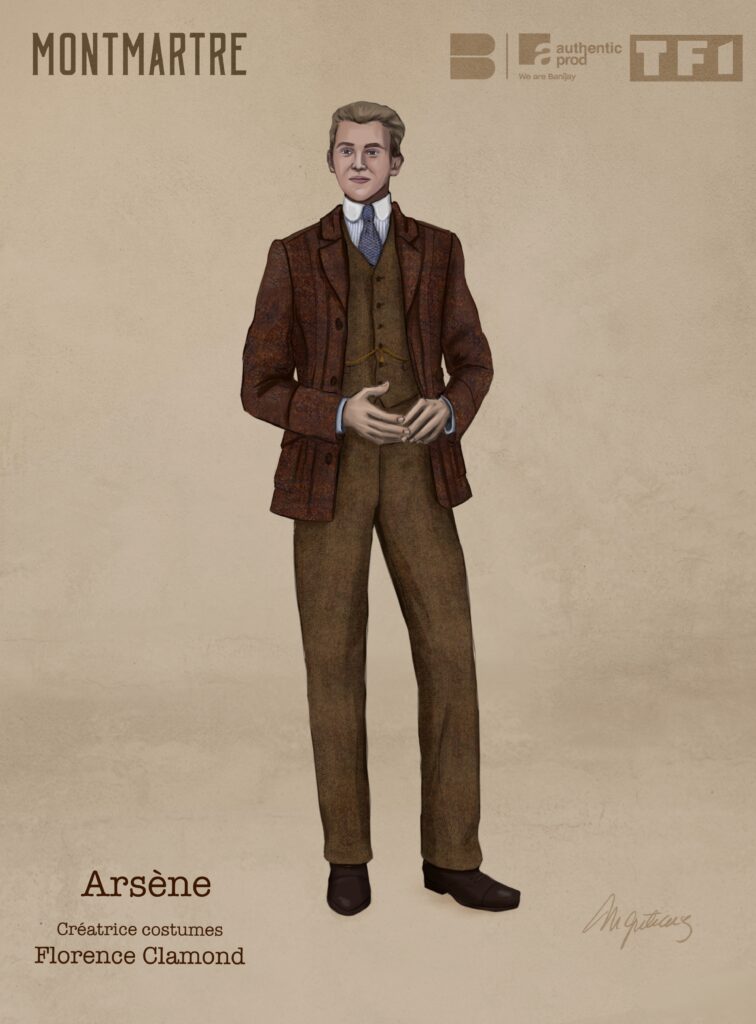 Costume illustration of Arsène: a man in a brown tweed jacket and waistcoat, white collar and blue tie