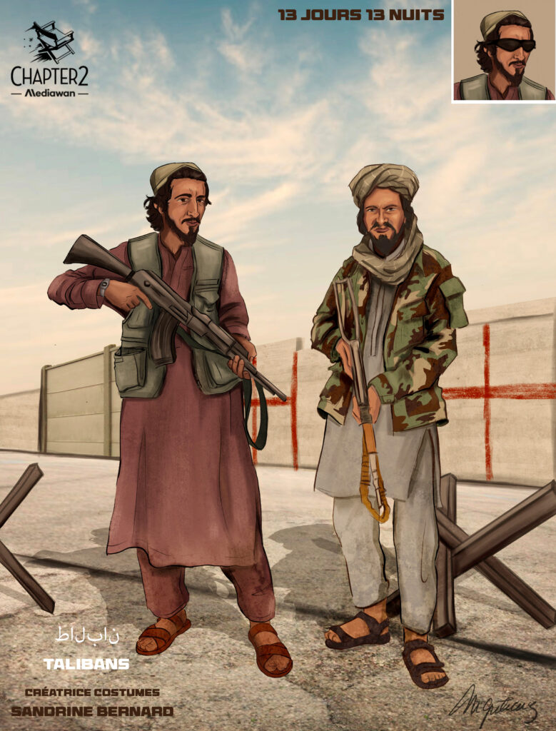 Costume illustration of two Taliban fighters in traditional tunics, one with a green waistcoat and a rifle, the other in a camouflage jacket