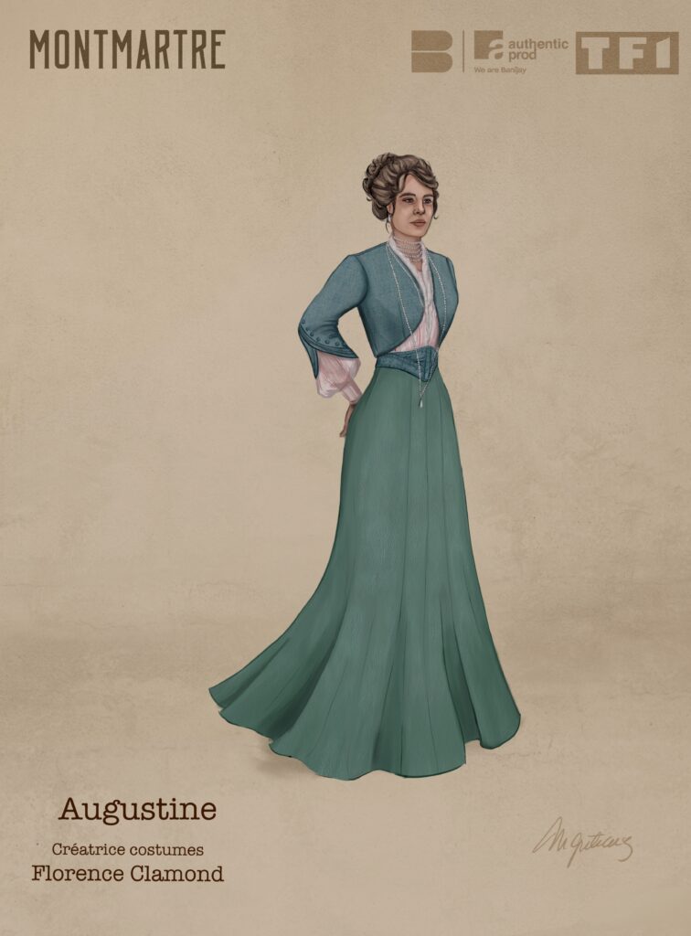 Costume illustration of Augustine: a woman with her hair up in a teal jacket and a long flowing green skirt