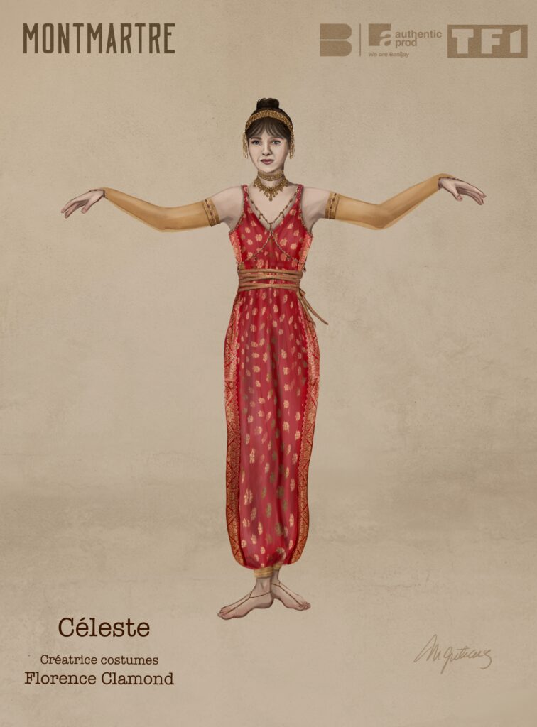 Costume illustration of Céleste in a stage costume: a red and gold patterned dancer outfit with gold jewellery, arms outstretched