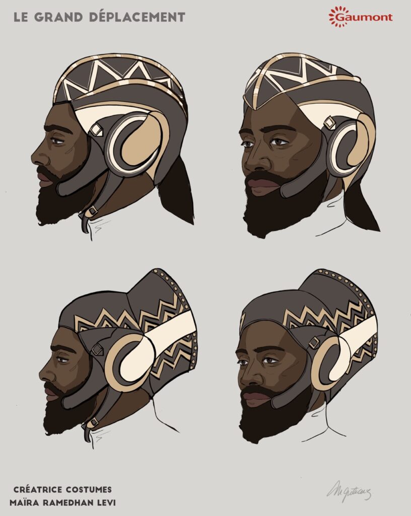 Design sheet of four views of a bearded man wearing a beige and white patterned head covering with a headset