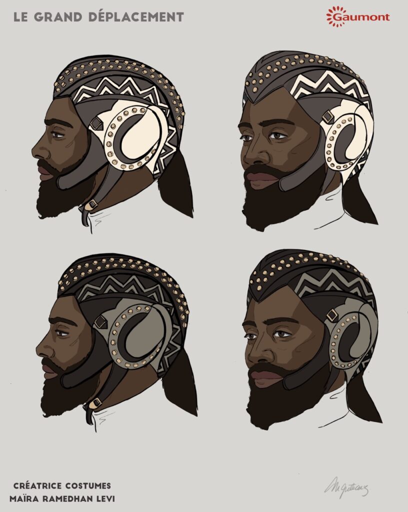 Design sheet of four views of a bearded man wearing a dark patterned head covering with studs and a headset