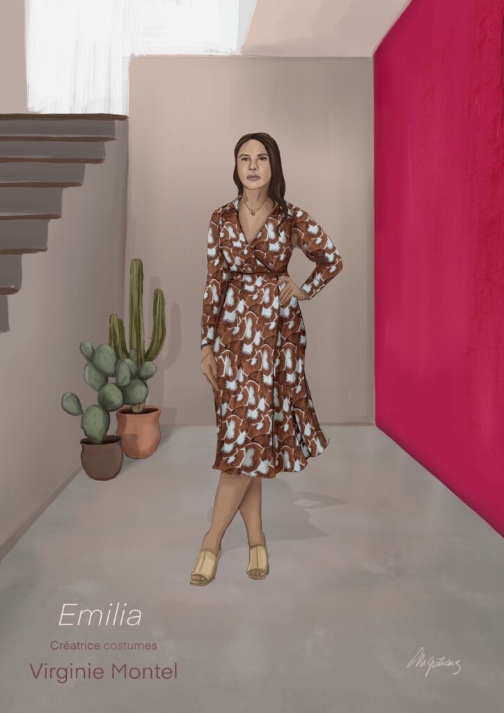Costume illustration of Emilia: a woman in a brown and white patterned wrap dress standing in a pale room beside a cactus