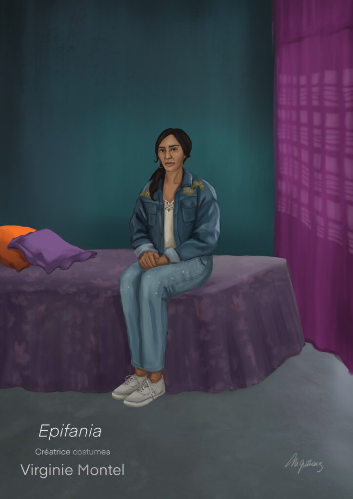 Costume illustration of Epifania: a woman in a denim jacket and jeans sitting on a purple bed in a teal room