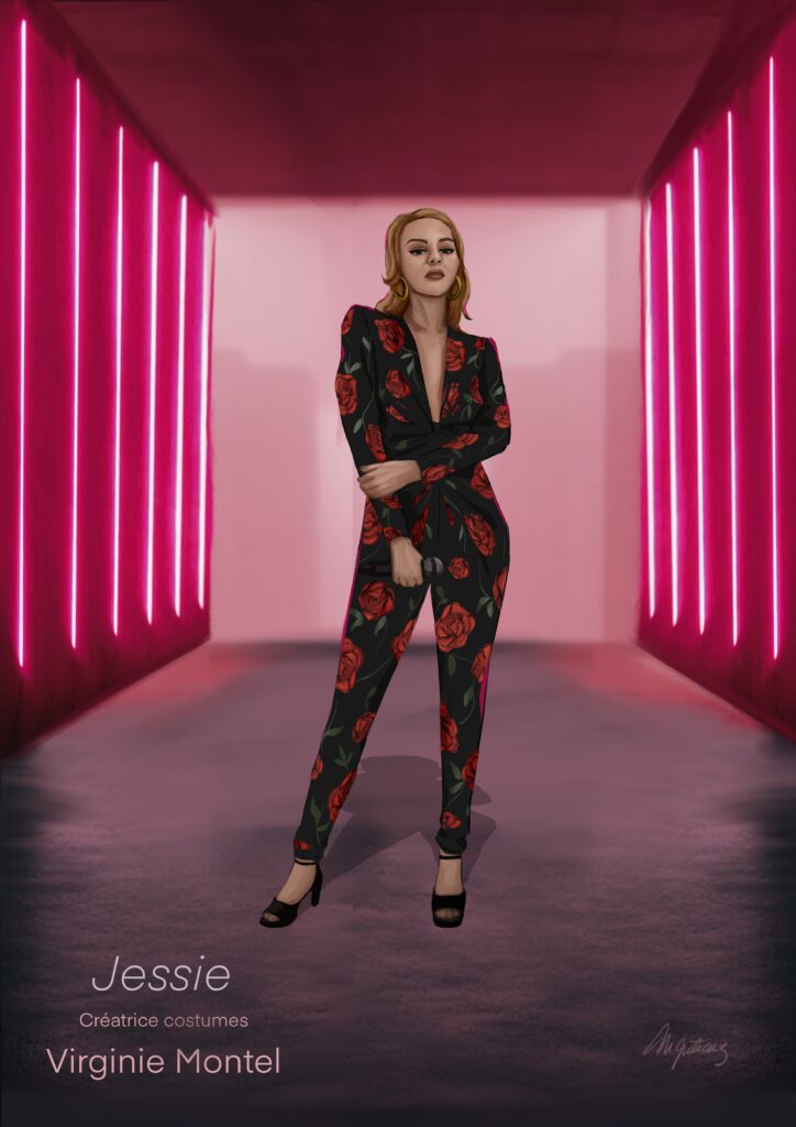 Costume illustration of Jessie: a blonde woman in a black trouser suit with red rose print, in a pink neon-lit corridor