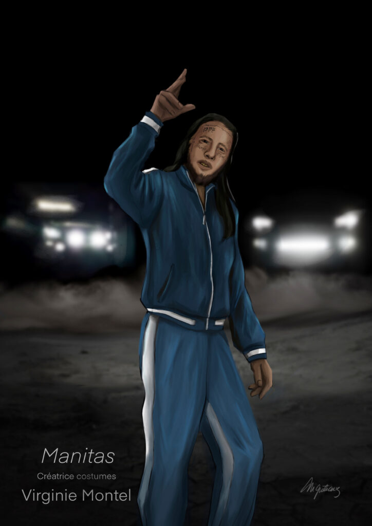 Costume illustration of Manitas: a man in a blue tracksuit raising one arm, at night in front of car headlights