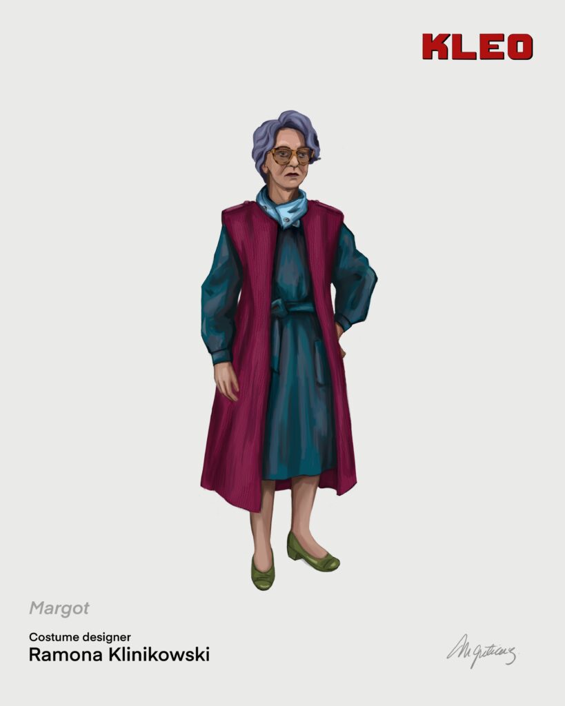 Costume illustration of Margot: an older woman with lilac hair and glasses, in a teal dress and a burgundy long waistcoat