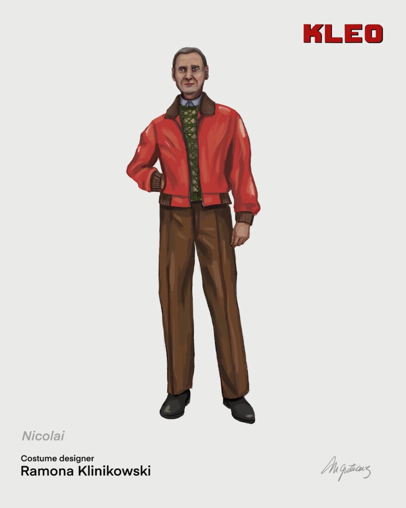 Costume illustration of Nicolai: a man in a red bomber jacket, green knit and brown trousers