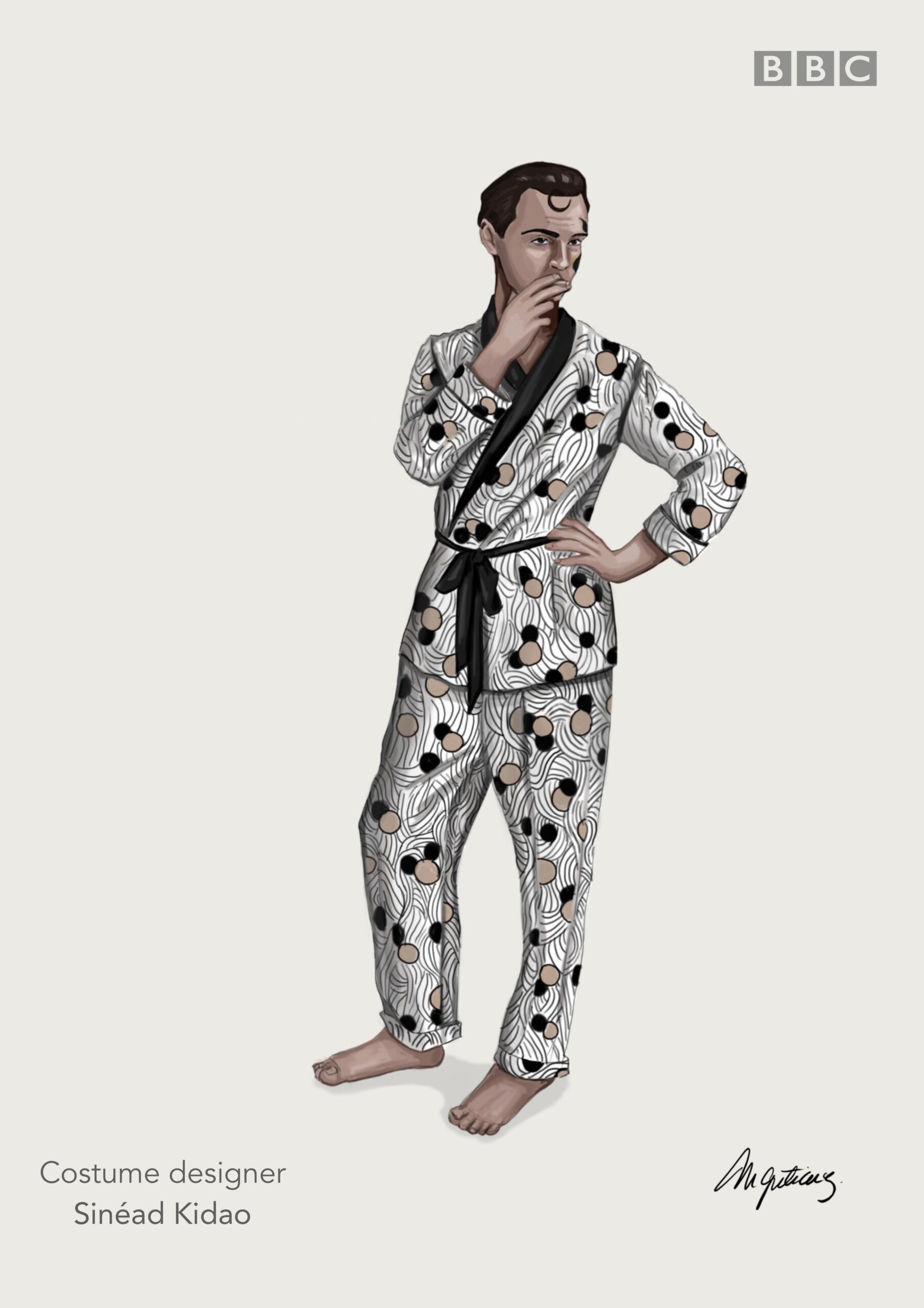 Costume illustration of a man in black and white patterned pyjamas and dressing gown, hand on chin, for The Pursuit of Love, costume designer Sinéad Kidao