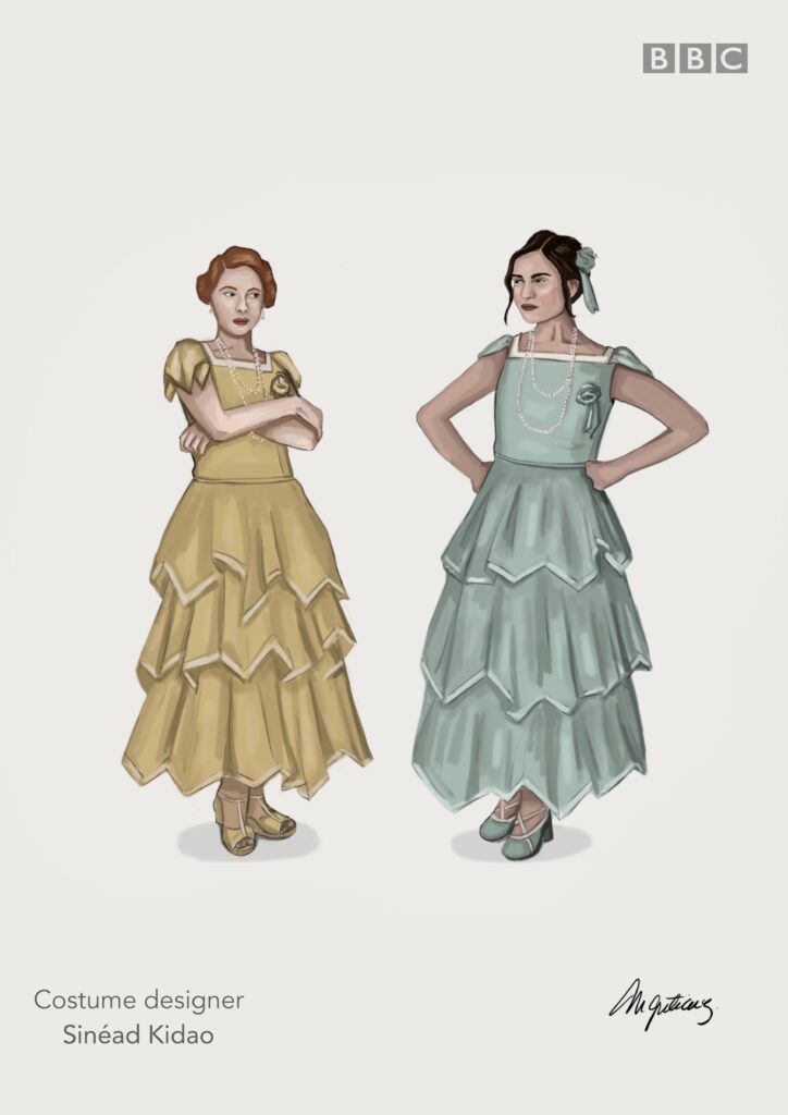 Costume illustration of two women in tiered day dresses, one mustard yellow and one sage green, for The Pursuit of Love, costume designer Sinéad Kidao