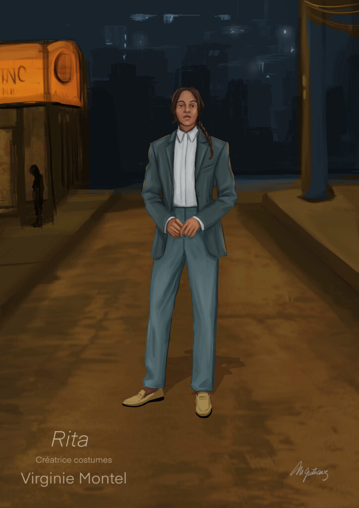 Costume illustration of Rita in a grey-green suit and white shirt, standing in a street at night
