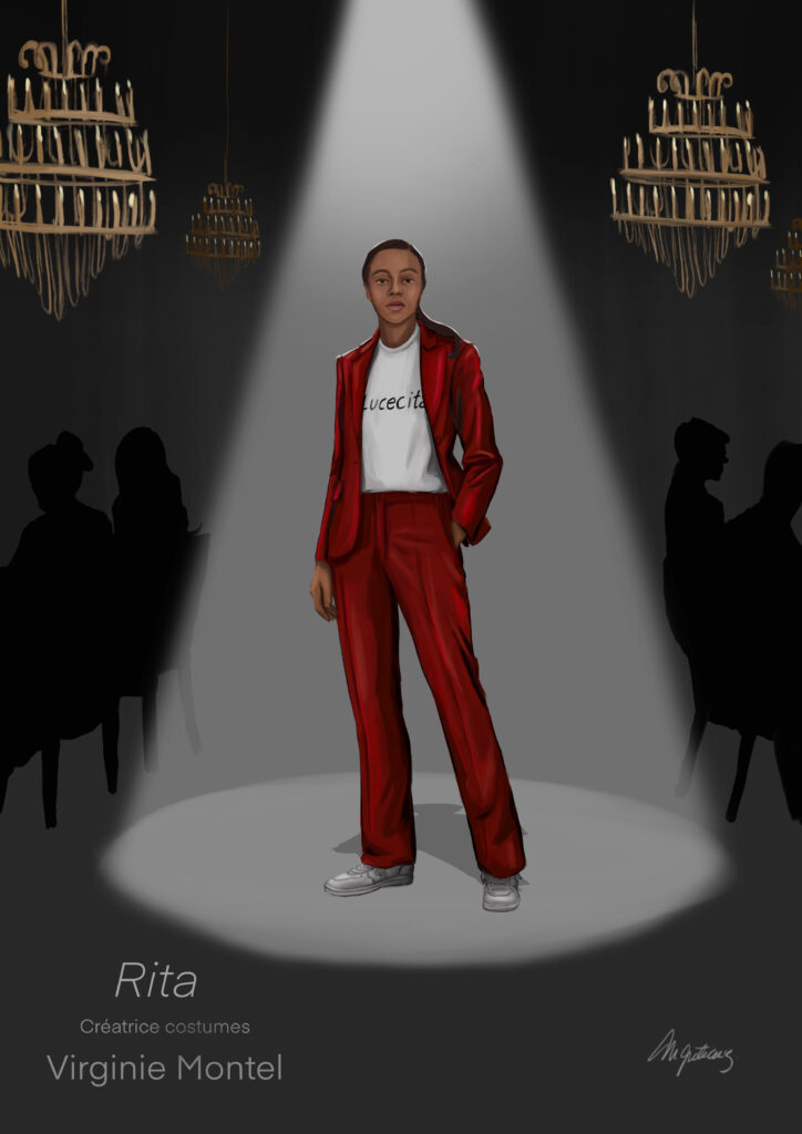 Costume illustration of Rita in a red satin tracksuit jacket and trousers, in a spotlight on a stage with chandeliers