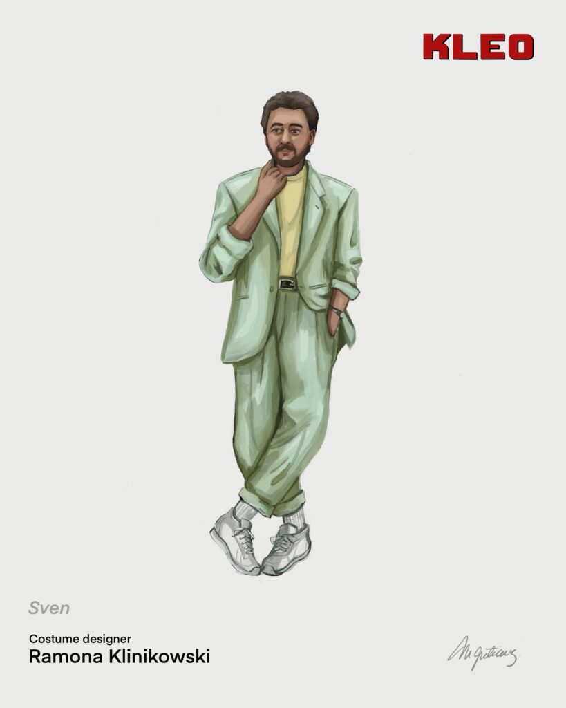 Costume illustration of Sven: a bearded man in a pale green suit, yellow shirt and white trainers